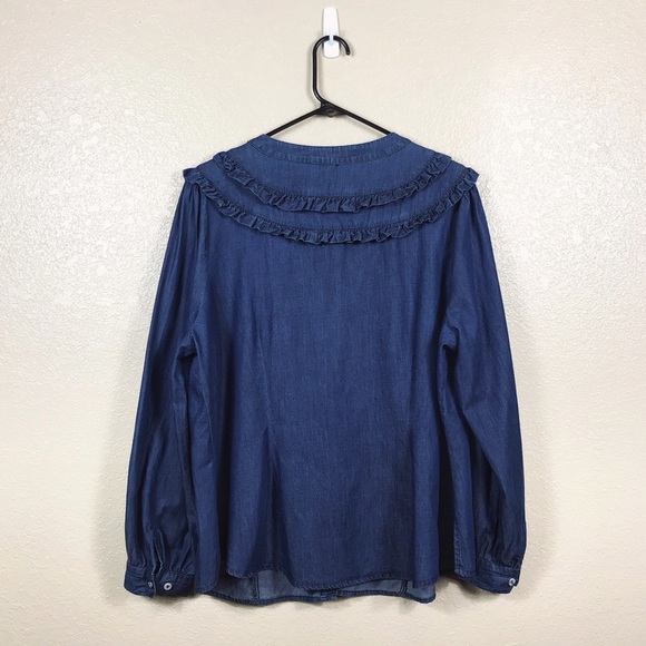 Eloquii Dark Chambray Ruffle Button Front Shirt - Picture 2 of 4